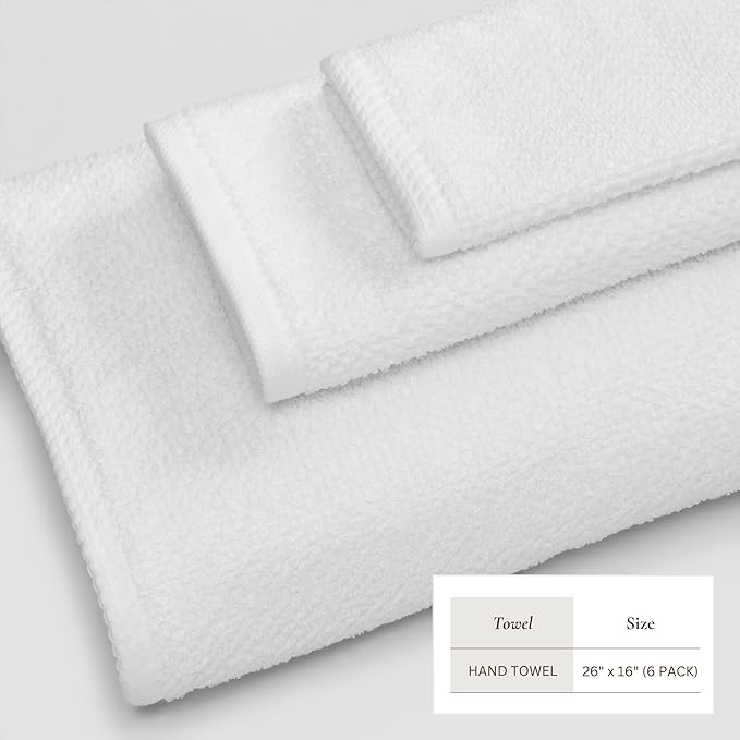 Great Bay Home 100% Cotton 6 Pack 26x16 Hand Towel Set - Absorbent, Quick-Drying, Durable Towels for Bathroom Decor - Low-Twist, Two-Ply Fibers (Optic White)