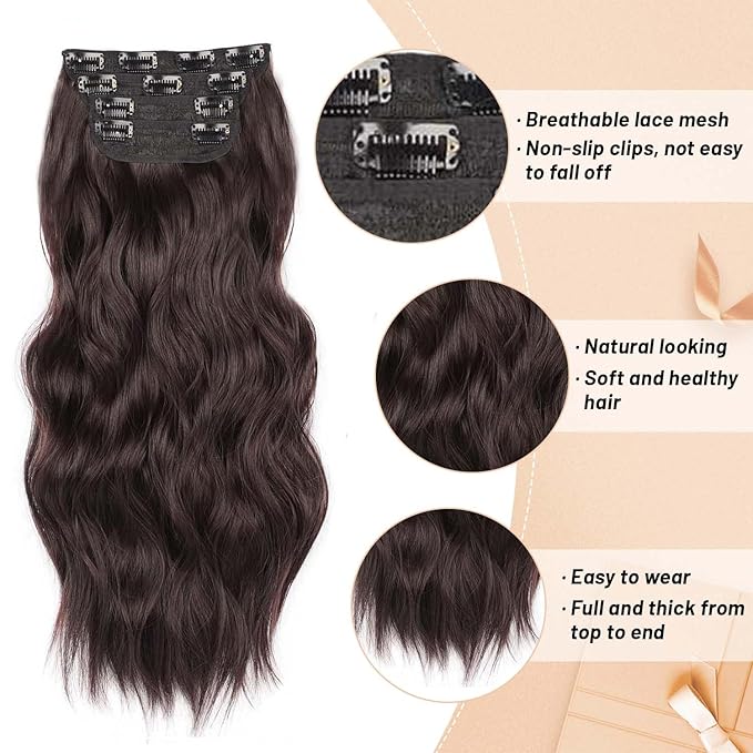 Clip in Hair Extensions Long Wavy Synthetic Hair 20 Inch Dark Brown Hair Extension Clip ins 4 Pcs Thick Hairpieces for Women Double Weft Natural Hair Extensions (20INCH, 6A)