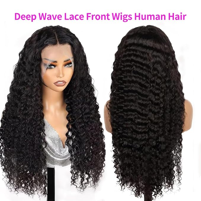 13x6 Deep Wave Lace Front Wigs Human Hair 200% Density Wet and Wavy Curly Human Hair Wig Pre Plucked for Women Nature Color 32 Inch