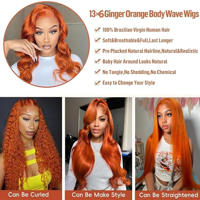 28 Inch Ginger Wig Human Hair Body Wave Ginger Orange 13X6 Lace Front Wigs Human Hair Pre Plucked 180 Density 350# Colored Glueless 13X6 HD Lace Frontal Wig Human Hair for Women