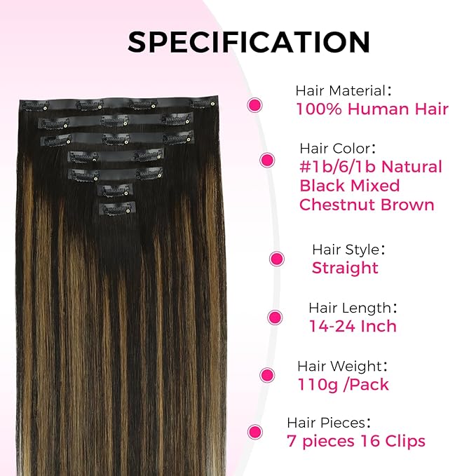 Lashey Invisi Edge Clip in Hair Extensions 18 Inch 110g 7pcs Injected Seamless PU Clip in Hair Extensions Virgin Human Hair, Natural Black Mixed Chestnut Brown Straight Hair