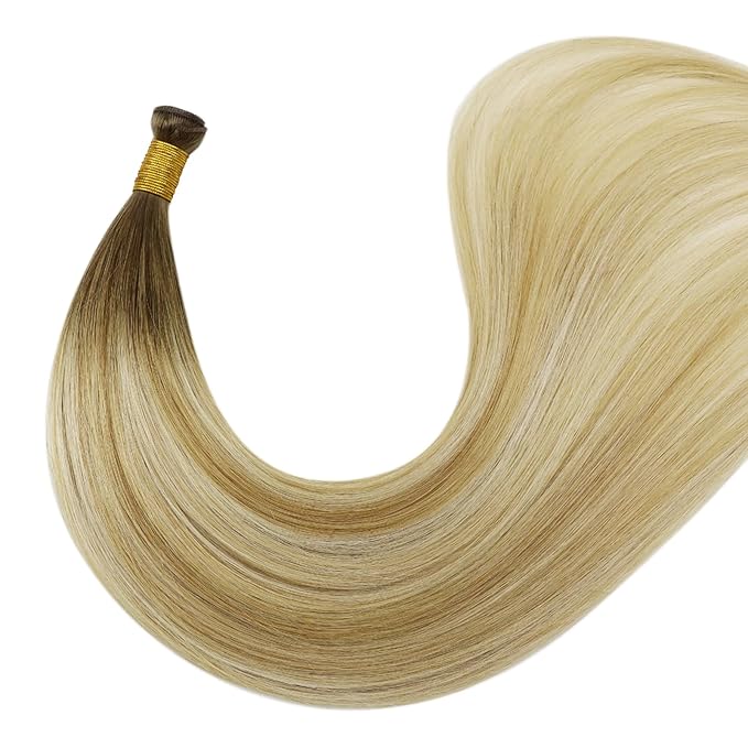 Fshine Genius Weft Hair Extensions Chestnut Brown to Honey Blonde Mix Platinum Blonde Human Hair Extensions Sew in Remy 50g Long 14 Inch