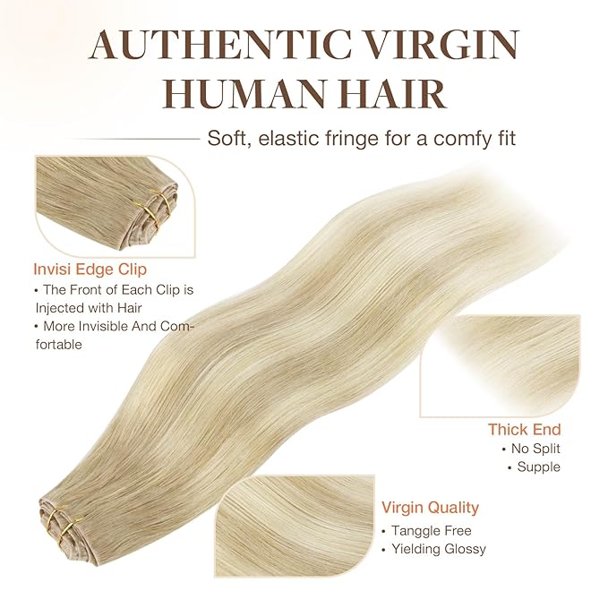 GOO GOO Invisi Edge Clip in Hair Extensions, 22inch 150g 7Pcs, Injected Seamless PU Clip in Hair Extensions, Virgin Real Human Hair, #18ET90A Natural Blonde Balayage
