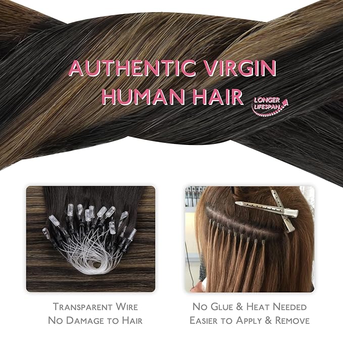 WENNALIFE Microlink Hair Extensions Human Hair, 50g 50s 24 Inch Balayage Dark Brown Mixed Chestnut Brown Remy Micro Bead Hair Extensions Real Human Hair Loop Ring Hair Straight Microlinks