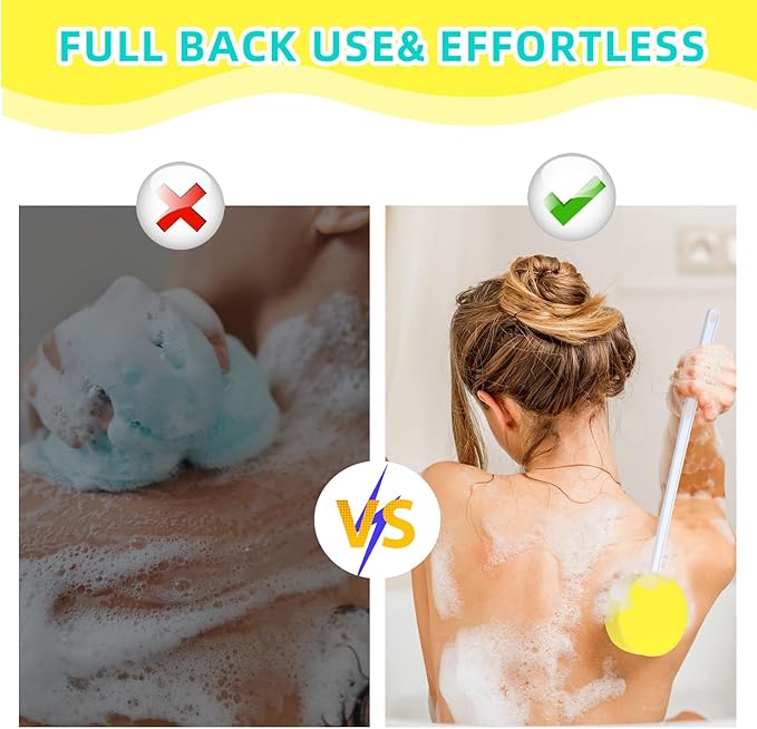 Uiifan 4 Pcs Long Handle Bath Sponge Yellow Back Sponge on a Stick Round and 8 Shape Back Washer for Shower White Handle Butt Scrubber Bathing Brush for Foot Body Cleaning Bathing Limited Motion