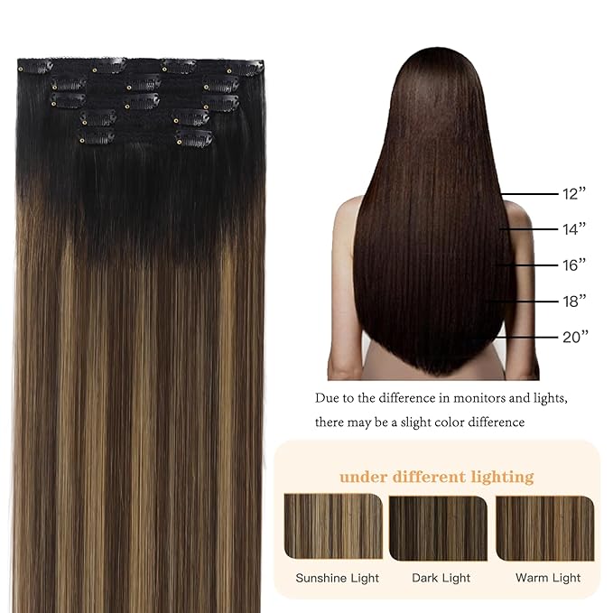Clip in Hair Extensions Human Hair Ombre Clip in Extensions Balayage Natural Black to Chocolate Brown Mix Caramel Blonde Real Remy Human Hair 80g 5pcs 12inch
