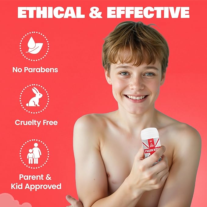 Fresh Kidz Deodorant Stick for Kids and Teens - Baking Soda and Aluminum-free 24 Hour Protection for Sensitive Skin - Boys "Red", 2.65 oz / 75 g