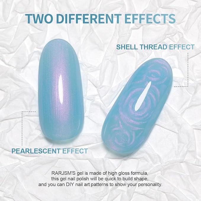 RARJSM 15ML Sky Blue Pearlescent Gel Polish - Mermaid Nail Gel Polish with Purple Glitter & Red Shimmer - Soak Off LED UV Drawing Swirl Thread Effect for DIY Manicure