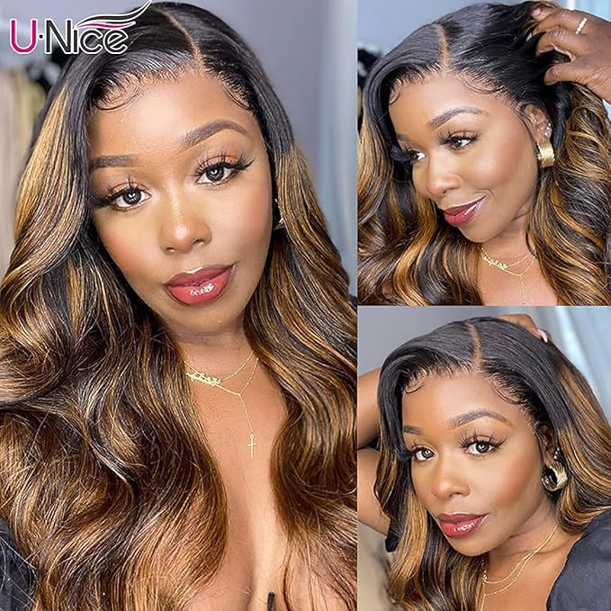 UNICE Brown Highlight Body Wave Human Hair 3 Bundles with 4x4 lace closure, Brazilian Remy Hair Ombre Human Hair Wavy Weaves FB30 Color 14 16 18+14 Closure