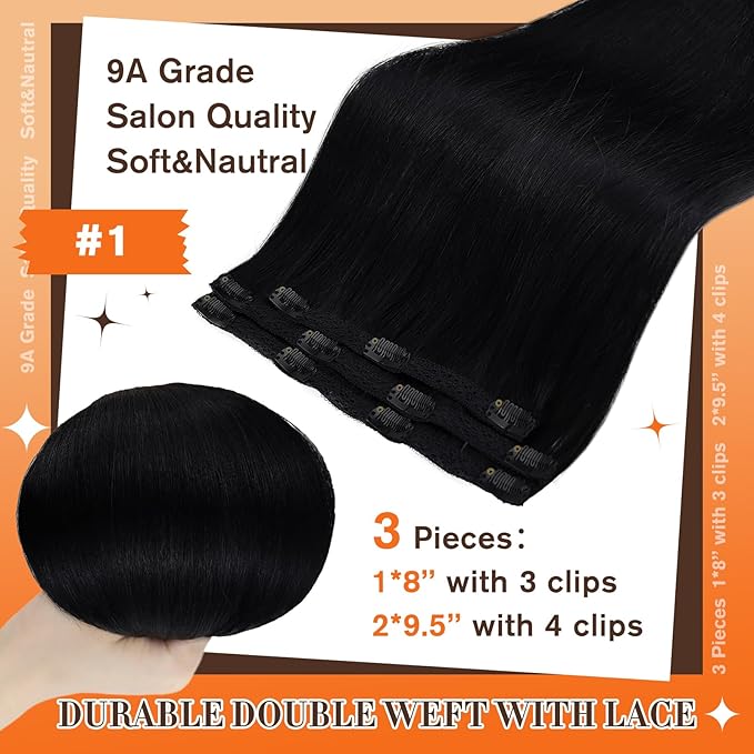 Full Shine Clip in Hair Extensions Black Women 10 Inch Lacer Clip in Hair Extensions Jet Black Real Human Hair Remy Hair Extensions Straight for Thin Hair Natural Hair Extensions 3 Pcs 60 Grams