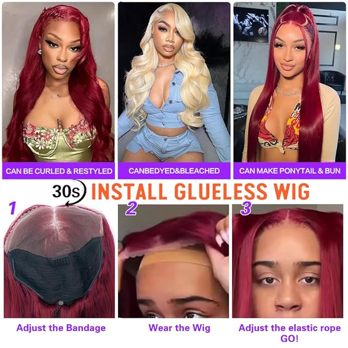 CHEETAHBEAUTY 9x6 Glueless Wigs Human Hair Pre Plucked Pre Cut 22 Inch Straight 99j Burgundy Lace Front Wigs Human Hair for Women 9x6 HD Lace Glueless Wig with Elastic Drawstring 220% Density