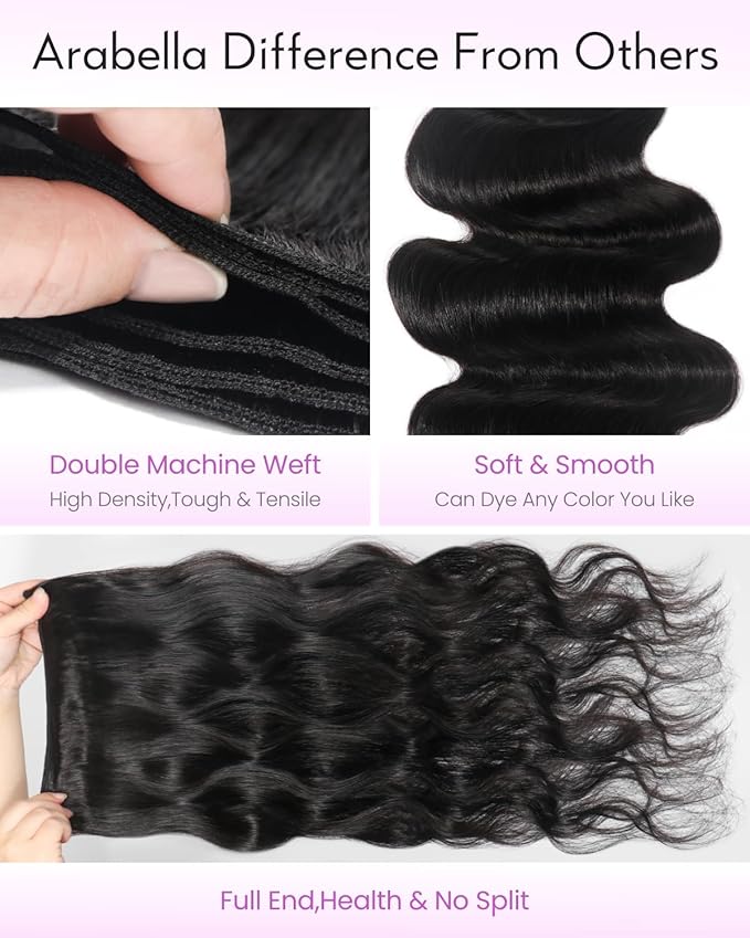 Arabella 3 Body Wave Bundles Human Hair 24 26 28 Inch Natural Black Bundles 100% Unprocessed Brazilian Virgin 10A Weave Sew in Double Weft Human Hair Bundles