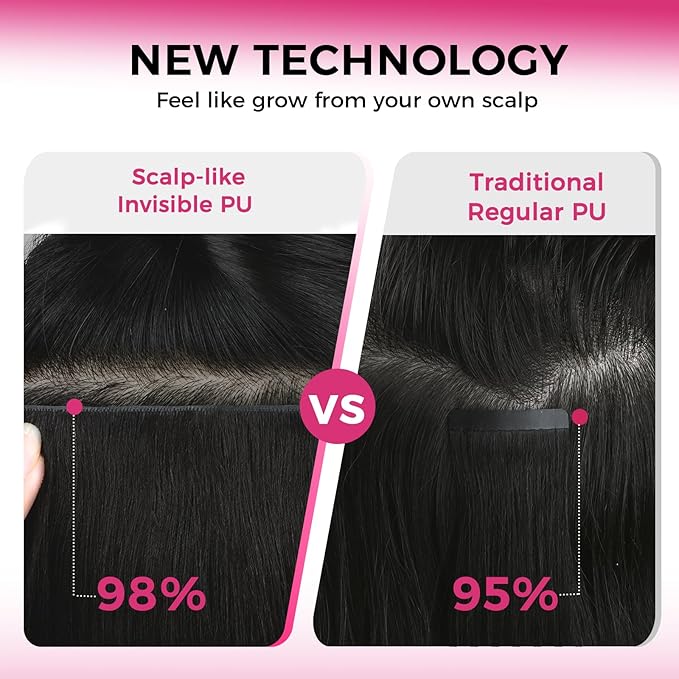 Lashey Invisi Edge Clip in Hair Extensions 16 Inch 110g 7pcs Injected Seamless PU Clip in Hair Extensions Virgin Human Hair, Natural Black Yaki Straight Hair