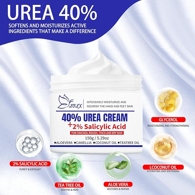 40% Urea Foot Cream with 2% Salicylic Acid, Urea Cream 40 Percent for Feet & Hands-Maximum Strength Moisturizer for Rough, Dry, Thick & Cracked Skin, Deep Hydration, Non-Greasy, 5.29 oz