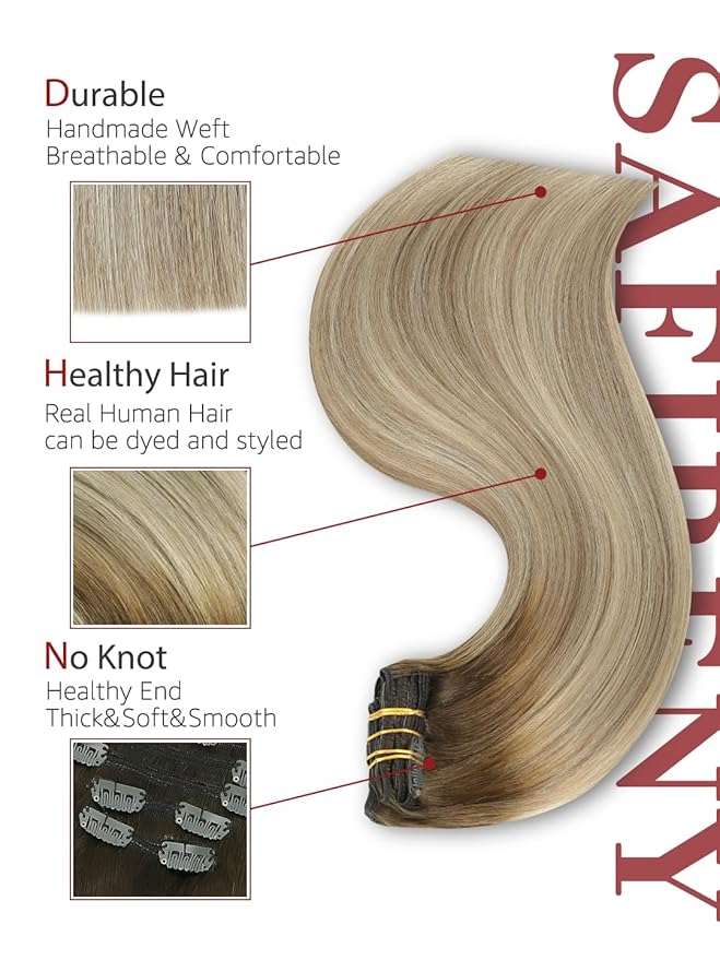 Clip in Hair Extensions Real Human Hair Double Weft Balayage Color Walnut Brown To Ash Brown And Golden Blonde,Clip in Hair Extensions,22 Inch 120g,6pcs Per Set With 18 Clips（#3/8/22,22")