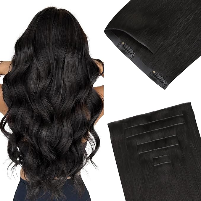 GOO GOO Invisi Edge Clip in Hair Extensions 20inch 150g 7Pcs Injected Seamless PU Clip in Hair Extensions, Virgin Real Human Hair, 1B Natural Black