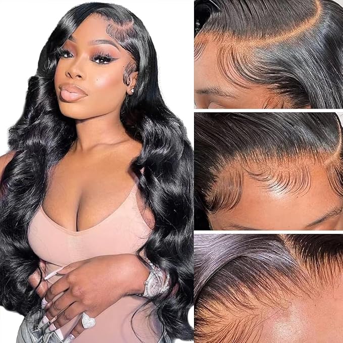 Body Wave Lace Front Wigs Human Hair Pre Plucked 200% Density 13x6 HD Transparent Frontal Wigs Glueless Human Hair Lace Front Wig for Black Women with Baby Hair Natural Black 32 inch
