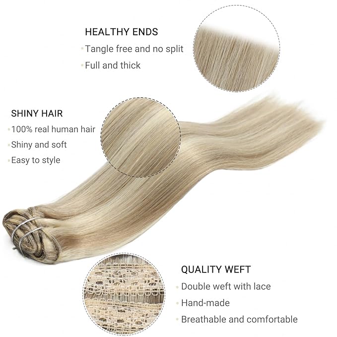 Clip in Human Hair Extensions Light Blonde Highlighted Golden Blonde Clip in Hair Extensions Full Head Remy Hair Extensions Real Human Hair 14inch 7pcs 105g Double Weft