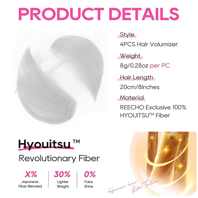 REECHO Clip in Hair Volumizer, Short Thick Clip in Hairpieces Adding Extra Hair Volume Extensions for Women with Thin Fine (Light Silver, 8 Inch(Pack of 2))