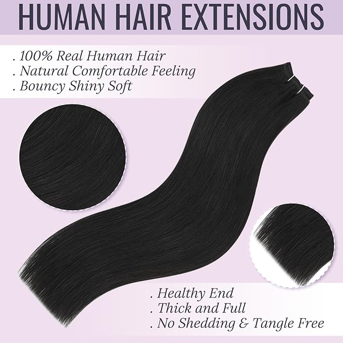 Fshine Jet Black Weft Hair Extensions Human 18 Inch Black Sew in Weft Human Hair Extensions 100g Brazilian Sew in Real One Piece