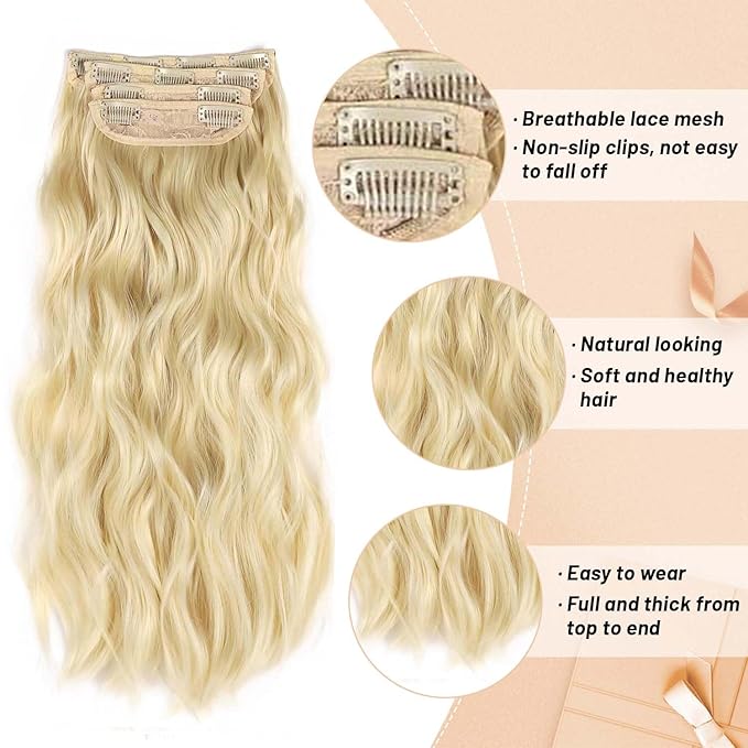 Long Wavy Clip in Hair Extensions 20inch blonde Synthetic Hair Clip in Extensions Thick Double Weft Highlights Hairpieces Full Head for Women (20INCH, 613#)