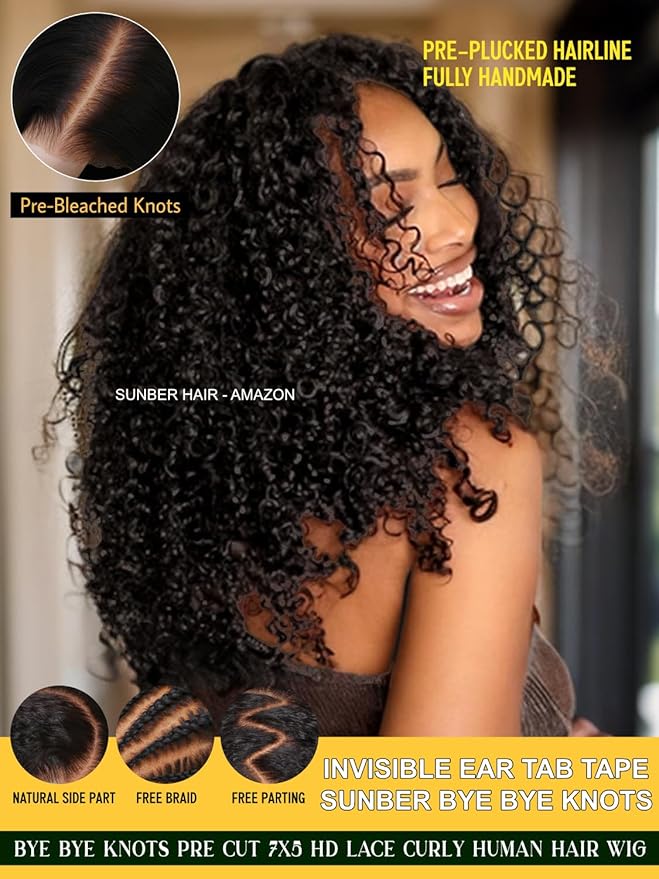 Sunber Bye Bye Knots Curly Glueless Human Hair Wig Pre cut 7x5 HD Lace Front Put On Go 3S Wear Pre Bleached Invisible Knots 150% Density Pre Plucked with Baby Hair 18Inch Pre Everything Curly Wigs