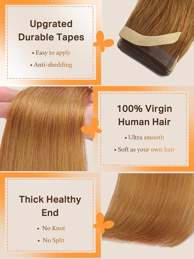 DOORES Hair Extensions Real Human Hair, Medium Auburn 18 Inch 50g 20pcs, Tape in Extensions Skin Weft Natural Remy Straight Hair for Women Seamless Extensions