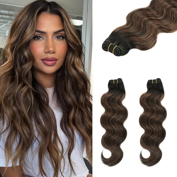 Sew in Hair Extensions Real Human Hair, 110g 16 inch Balayage Natural Black to Chestnut Brown Body Wave Bundles Remy Human Hair Weave Extensions Double Weft