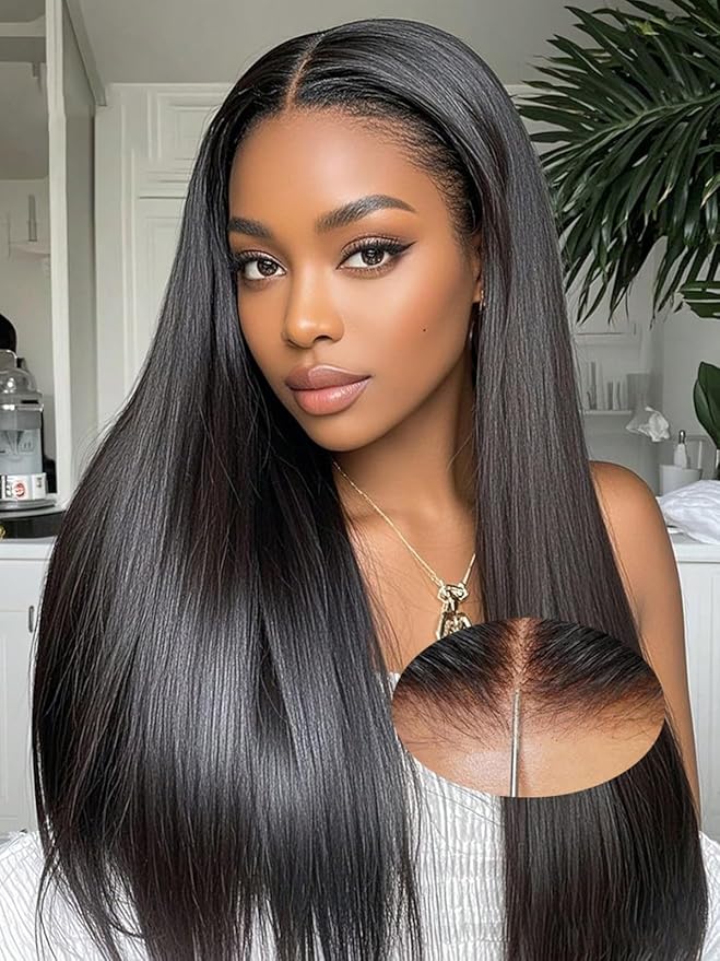 28 Inch Glueless Wigs Human Hair Pre Plucked Pre Cut 7X5 HD Lace,Straight Wear and Go Pre Bleached Knots Glueless Wig,Natural Hairline with Baby Hair for Women 200% Density Natural Black
