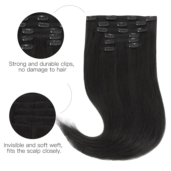 HOTBANANA Human Hair Clip in Hair Extensions, Natural Black 120g Clip in Hair Extensions Real Human Hair Straight Remy Hair 18 Inch 7pcs