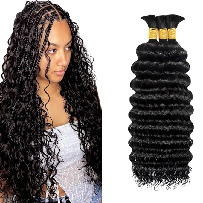 Human Braiding Hair 3 Bundles/Pack 150g 24 24 24 Inch Deep Wave Human Bulk Hair Braiding No Weft Natural Color Deep Curly Boho Hair for Braids