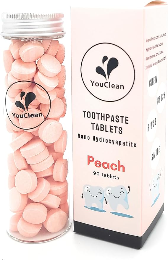 90 Toothpaste Tablets in Refill/Recycle Glass Tube - for Travel and Daily Home Office Use - Nano Hydroxyapatite, Fluoride-Free, Vegan (Peach90)