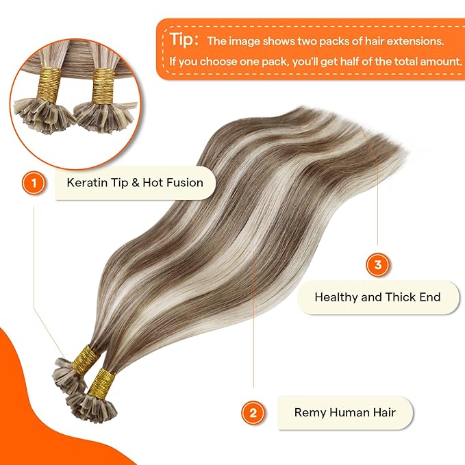 Full Shine Keratin Tip Hair Extensions Real Human Hair Ash Brown Highlight Blonde Utip Human Hair Extensions 20 Inch Long Natural Hair 50 Grams Remy Soft Hair for Women