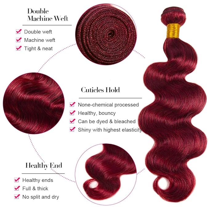 Dark Burgundy Bundles 99J Body Wave Human Hair 3 Bundles 14 16 18 Inch 150g Brazilian Unprocessed Virgin Remy Burgundy Bundle Hair Extensions