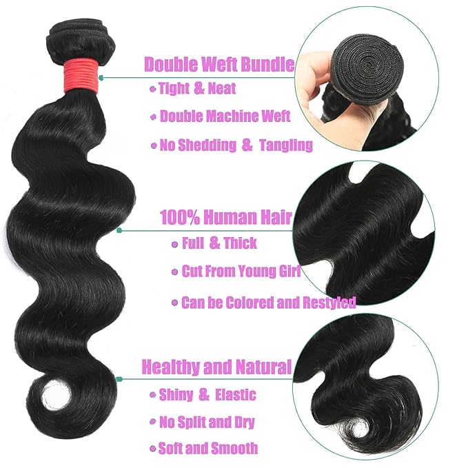 12A Body Wave Bundles Human Hair One Bundle 16 inch 100g 100% Unprocessed Brazilian Virgin Body Wave Human Hair Bundles for Women Natural Black