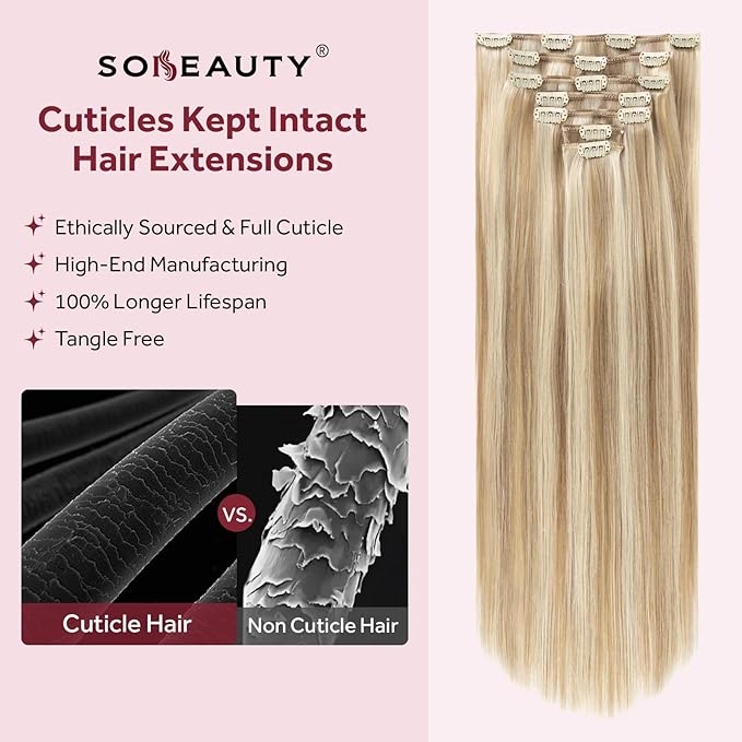 Clip in Hair Extensions Real Human Hair, Silky Remy Hair Extensions Clip Ins, Salon Quality Natural Human Hair, Light Blonde Highlighted Golden Blonde #P16/22 18Inch 120G 7PCS