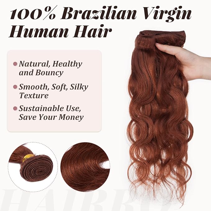 Hairro Sew in Hair Extensions Real Human Hair, 100g/bundle Weave Weft for Women Adding Volume and Length, for DIY Beauty Dating Party, 16 Inch One Bundle Body Wave Dark Auburn
