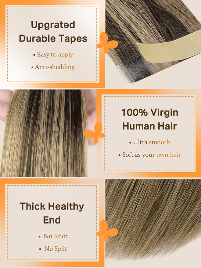 DOORES Tape in Hair Extensions Real Human Hair, Chocolate Brown Highlight Caramel Blonde 20pcs 50g 20 Inch, Tape in Human Hair Extensions Long Straight Hair Remy Natural Hair