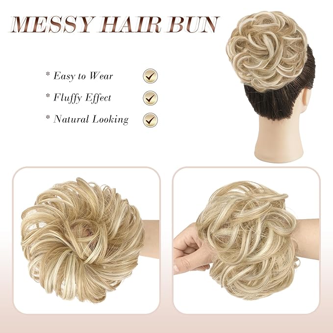 FESHFEN Messy Bun Hair Piece - Elastic Wavy Curly Hair Bun Scrunchies Extensions Synthetic Chignon Hairpieces for Women Girls, Dirty Blonde 1.5 oz