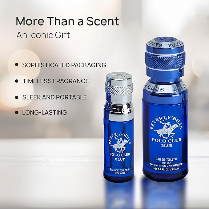 Beverly Hills Polo Club BHPC Men's Eau De Toilette Bonus Pack, featuring 1.7 oz EDT + Bonus 0.5 oz EDT (Blue)