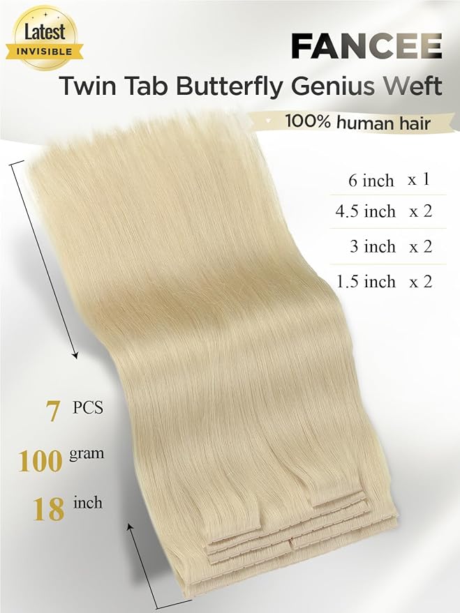 Twin Tab Butterfly Genius Weft Human Hair Extensions Latest Double Invisible Real 100% Remy Human Hair Weft with Micro Bead Simulated Scalp Hair Extensions 100g 7ps 18 Inch White Blonde