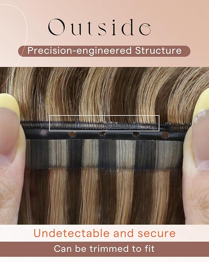 Sunny Hair Butterfly Genius Weft Hair Extensions 20 Inch PU Weft Hair Extensions Human Hair Dark Brown Highlight Caramel Blonde Butterfly Wefts for Women 100G