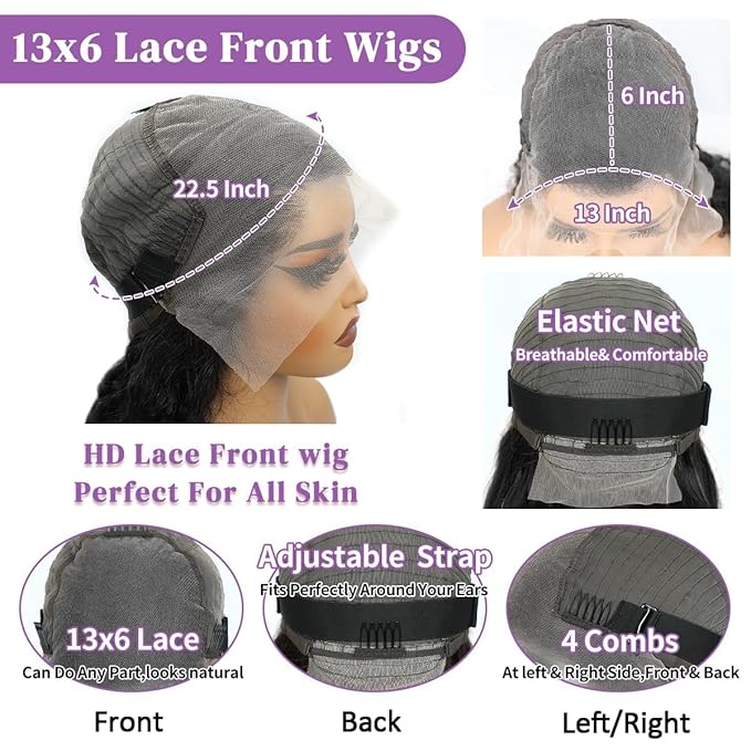 13x6 Lace Front Wigs Human Hair 200 Density Body Wave HD Lace Front Wigs Human Hair Pre Plucked Natural Color Glueless Wigs for Women 30 Inch