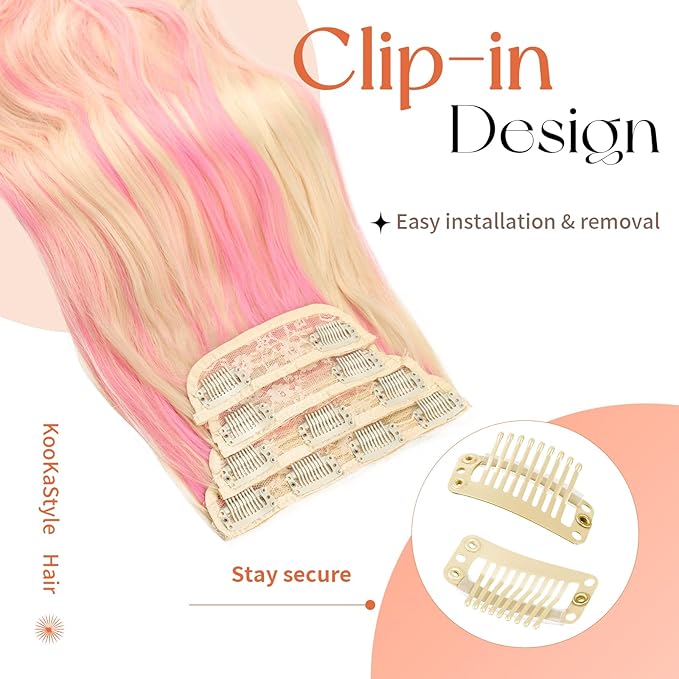 Kookastyle Clip in Hair Extensions, Natural Long Layered Soft Invisible Synthetic Curly Hairpieces for Women,4 pcs(20 Inch, Blonde with Pink)