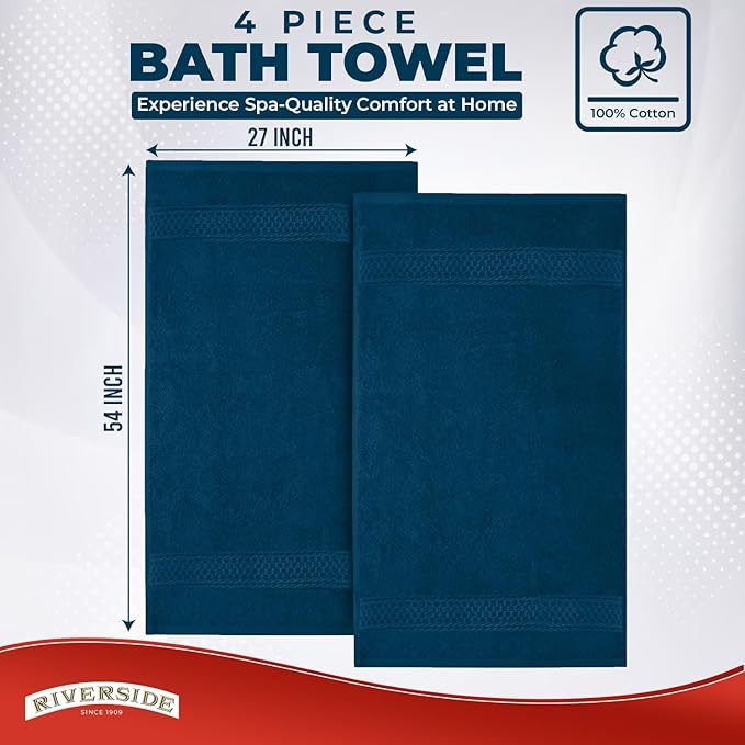 RIVERSIDE 100% Ring Spun Cotton Large Bath Towels Set of 4, 27 x 54 – Quick Dry, Soft & Highly Absorbent Towels for Shower & Bathroom – Luxury 600 GSM Towels for Home, Spa, Gym, Hotel, Blue Opal