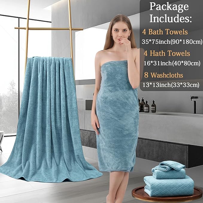 Ycosy 8-Piece Bath Towels Set,2 Oversized Large Bath Towels Sheet,2 Hand Towels and 4 Washcloths - 600 GSM Soft Luxury Towel Set,Highly Absorbent Quick Dry Towel Collection for Bathroom,Hotel and Spa