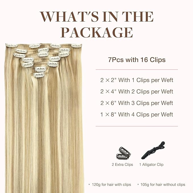 GOO GOO Clip in Hair Extensions Real Human Hair, Remy Human Hair Extensions Clip ins for Women, Natural Human Hair, 16inch 120g 7Pcs, 18A/613A Dark Blonde Highlighted Bleach Blonde