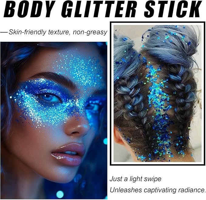 Blue Body Glitter Stick, Sparkling Hair Glitter for Kids and Women, Waterproof Face Hair and Body Glitter Makeup, Rave Accessories Carnival Chunky Sequins