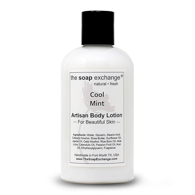 The Soap Exchange Body Lotion - Cool Mint Scent - Hand Crafted 8 fl oz / 240 ml Natural Artisan Skin Care for Hand, Face, & Body, Moisturize, Hydrate, & Protect. Made in the USA.