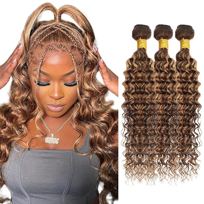 Highlight Bundles P427 Human Hair Bundles Dark Brown Bundle 20 22 24 inch Ombre Brown Deep Wave Bundle 150g